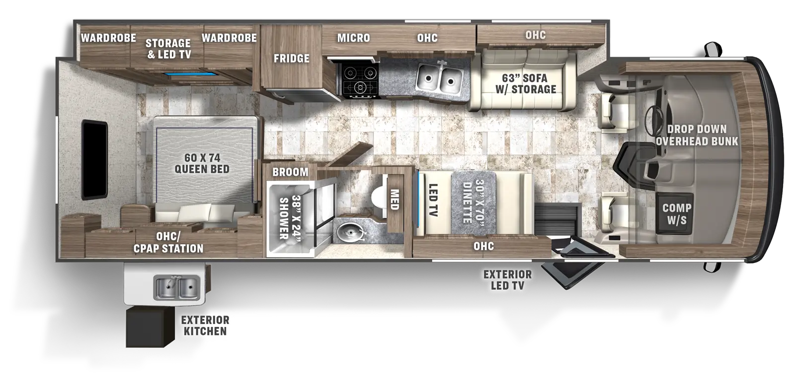 The Pursuit 29SS has 1 slide out located on the off-door side and 1 entry door. Interior layout from front to back; front cockpit with drop down front bunk and computer work station on the door side; door side dinette with LED TV and overhead cabinet; off-door side 63 inch sofa with storage and overhead cabinet; off door side kitchen with microwave above stovetop, double basin sink and overhead cabinet and refrigerator; door side bathroom with toilet, sink and broom storage and 38 inch by 24 inch shower, rear bedroom with 60 inch by 74 inch foot facing queen bed with overhead cabinet and CPAP station, off-door side wardrobe on either side of LED TV and storage. Optional Theater seating. Exterior door side LED TV and kitchen.